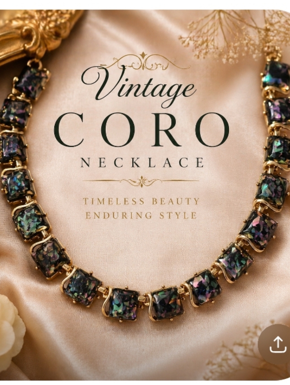 Vintage Coro Iridescent Stone Link Necklace Gold Tone Statement Adjustable